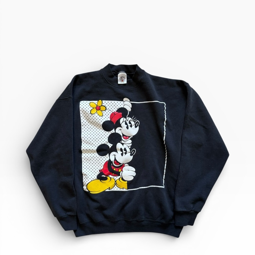 Vintage 80s Mickey Inc Disney Minnie Mickey Mouse Puff Print Black Crew Neck XL
